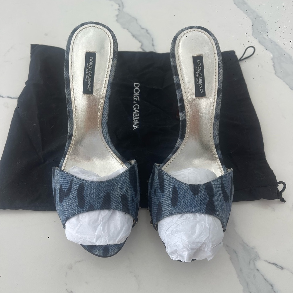 Dolce & Gabbana Denim Mule Heels Blue DG Logo Slides Size 38 1/2  NEW